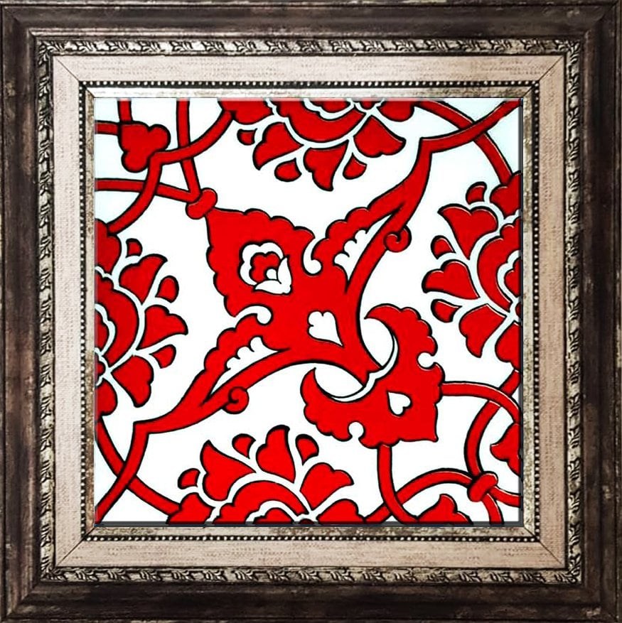 BORHOMEÇini 20x20 Cm SP 83 Kırmızı Beyaz İznik Rumi Desenli Çini Karo