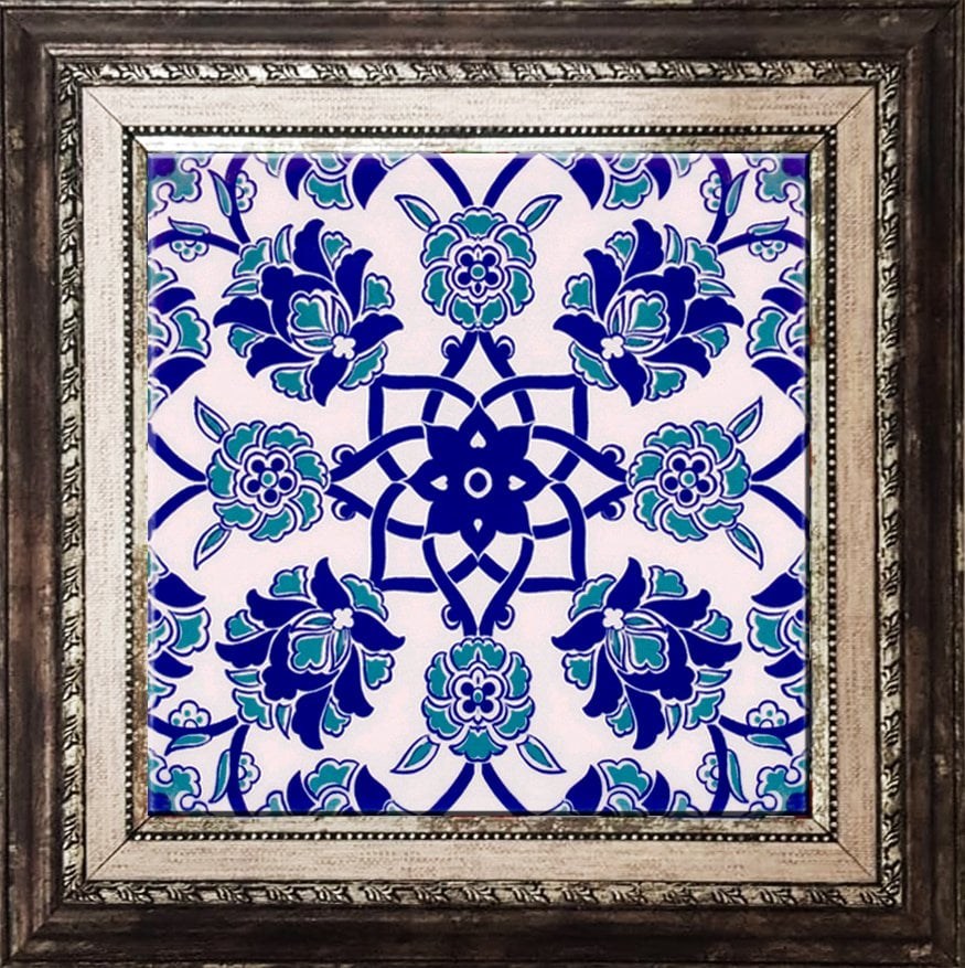 BORHOMEÇini 20x20 Cm Ac 10 Selçuk Mavi Çiçek Desenli Kütahya Çini