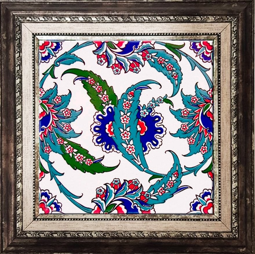 BORHOMEÇini 20x20 Cm AC 1 Hançer Yaprak Çerçeveli Kütahya Çini Karo