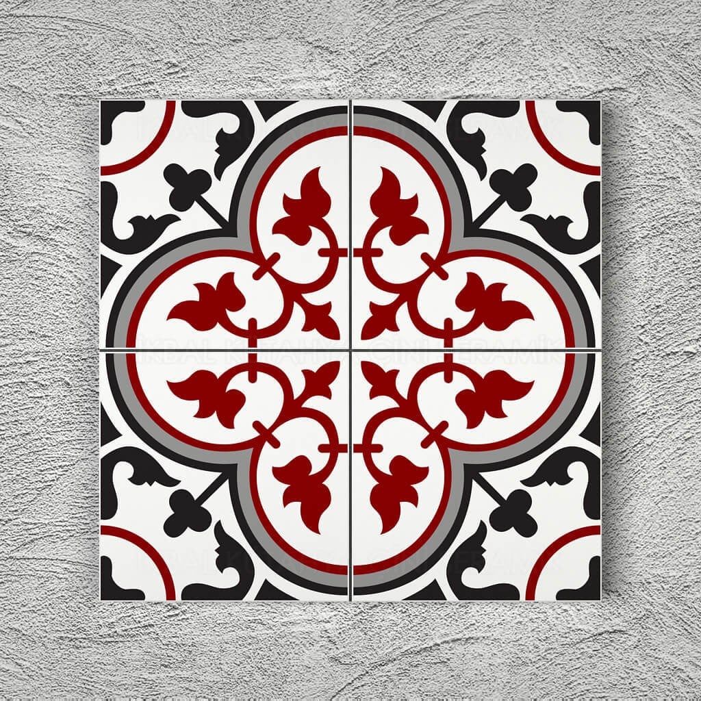 BORHOMEÇini 20x20 Cm YC 44 Gri Kırmızı Çiçekli Yer Çinisi